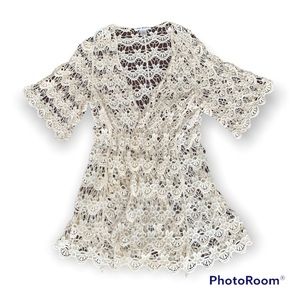 Women’s Lace Cardigan | Ivory 1/4 Sleeve Open Front Jacket | Size Small